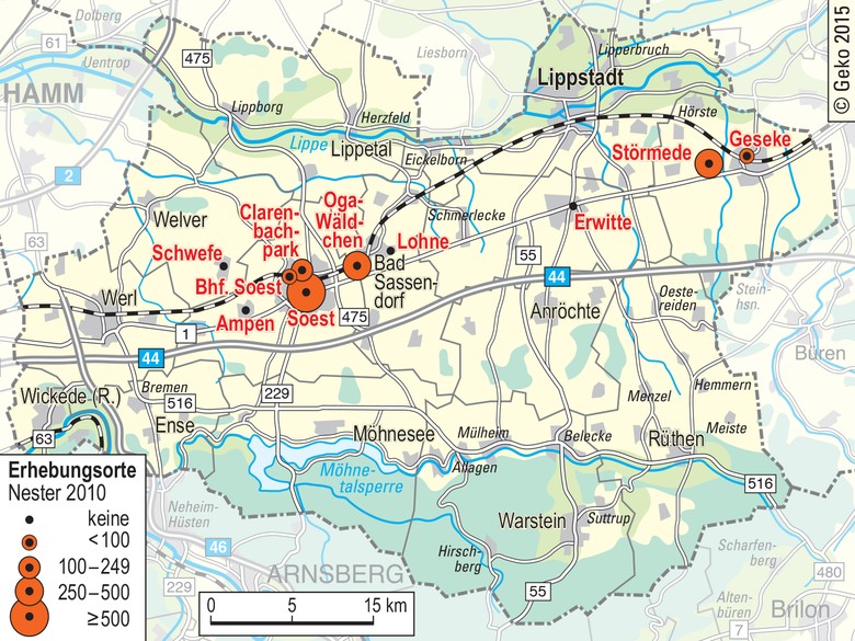 Verbreitung der Saatkrähen im Kreis Soest – Anzahl der Nester im Jahr 2010