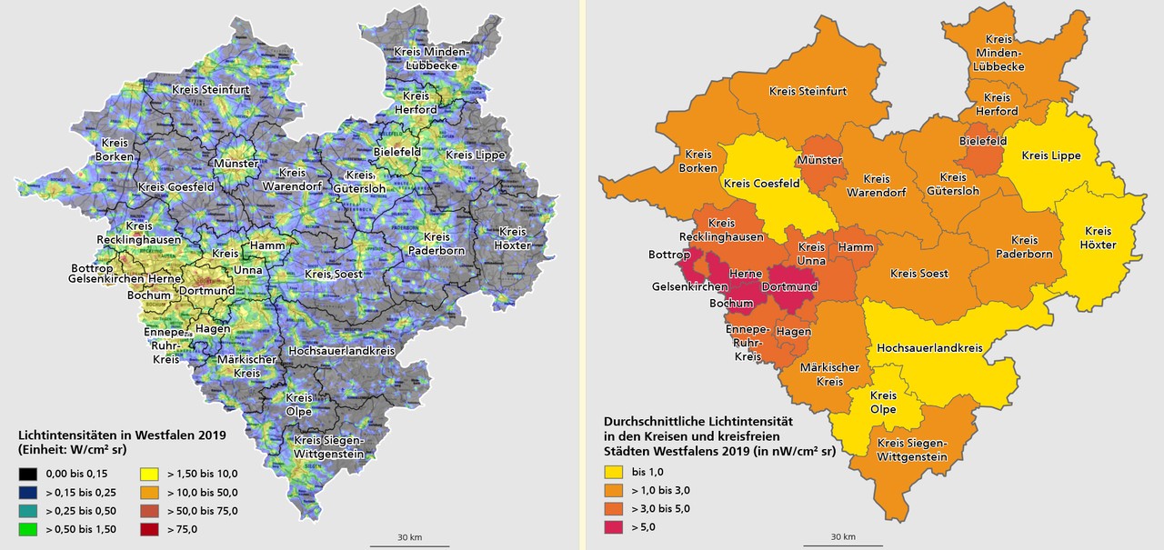 zwei Karten mit Lichtintensitäten in Westfalen und der durchschnittlichen Lichtintensität in den Kreisen und kreisfreien Städten Westfalens im Jahr 2019