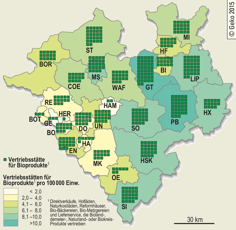 Vertriebsstätten von Bioprodukten unter der Zertifizierung von Öko-Anbauverbänden in Westfalen