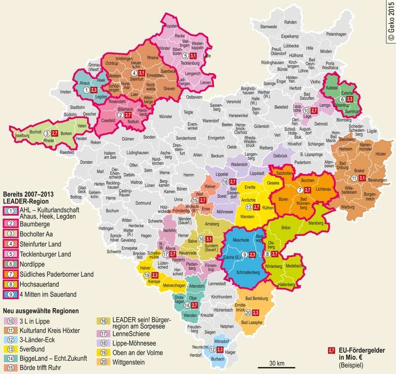 LEADER-Regionen in Westfalen 2014–2020