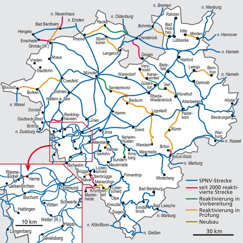 Karte mit dem Schienenpersonennahverkehrsnetz in Westfalen sowie bereits umgesetzte bzw. angestrebte Streckenreaktivierungen