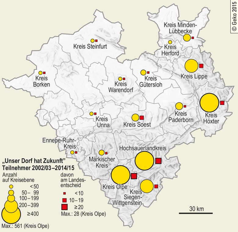 Wettbewerb "Unser Dorf hat Zukunft": Teilnehmer auf Kreisebene sowie am Landesentscheid im Zeitraum 2002/03 bis 2014/15 in den Kreisen Westfalens