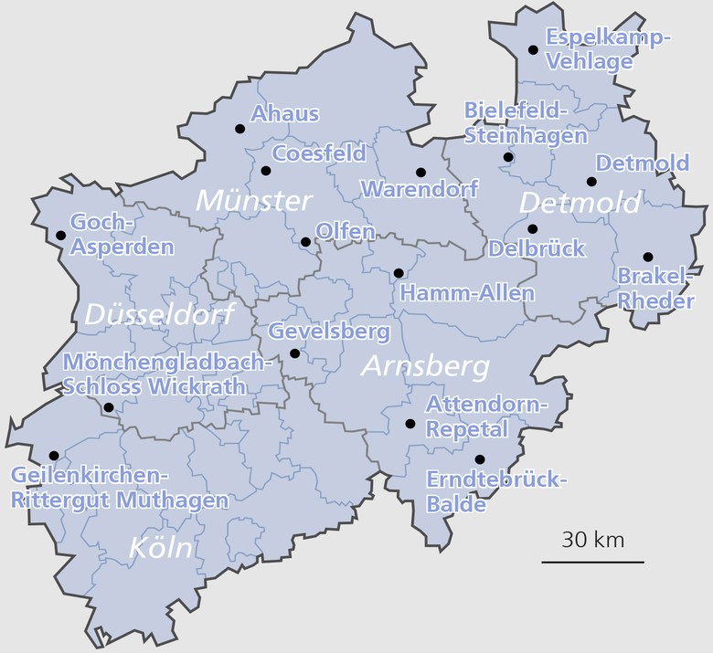 Karte mit den Standorten der Deckstellen des Landgestüts in Nordrhein-Westfalen