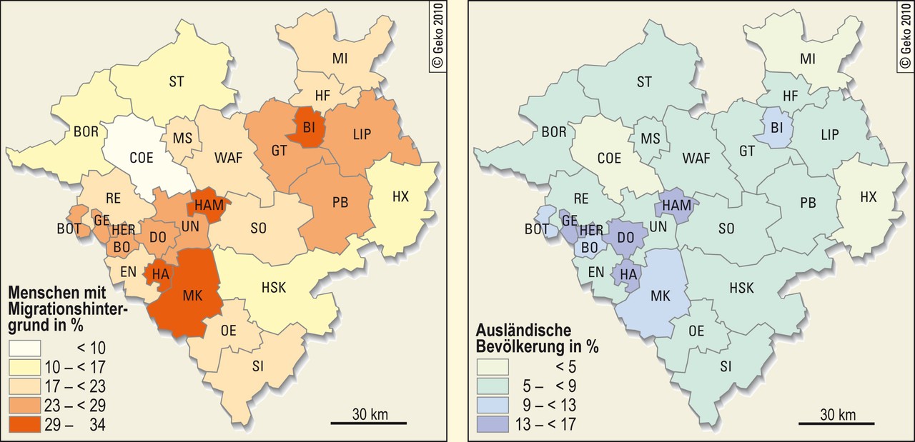 Anteil der Menschen mit Migrationshintergrund und der ausländischen Bevölkerung an der Gesamtbevölkerung 2008