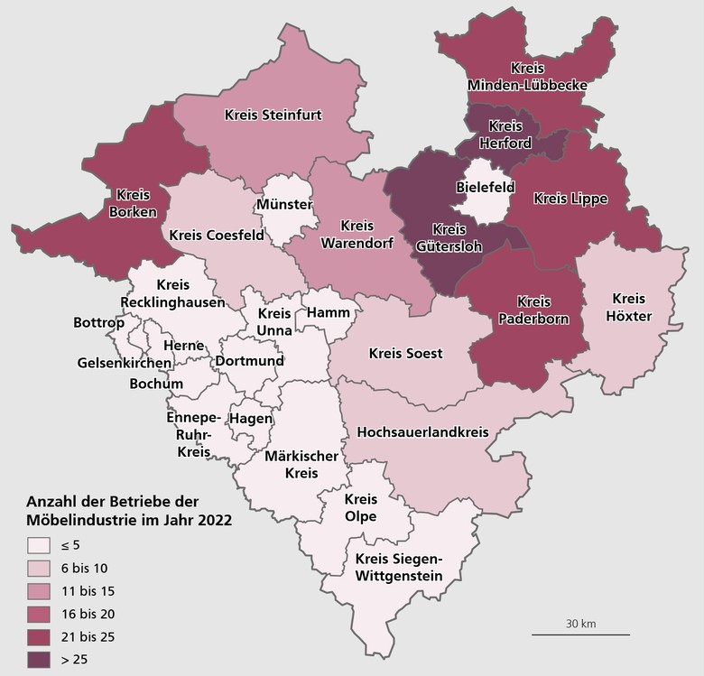 Karte über die Möbelindustrie in Westfalen mit Anzahl der Betrieben in den Kreisen und kreisfreien Städten im Jahr 2022