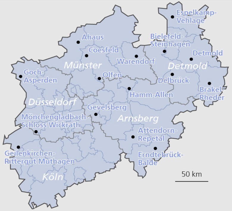 Karte mit den Standorten der Deckstellen des Landgestüts in Nordrhein-Westfalen