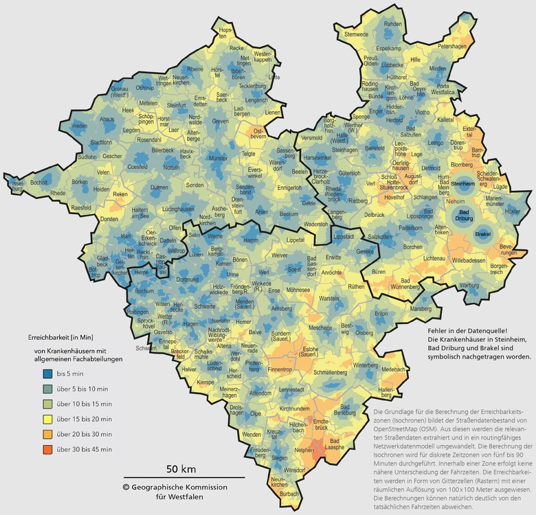 Zeitliche Erreichbarkeit von Krankenhäusern mit allgemeinen Fachabteilungen in Westfalen 2016