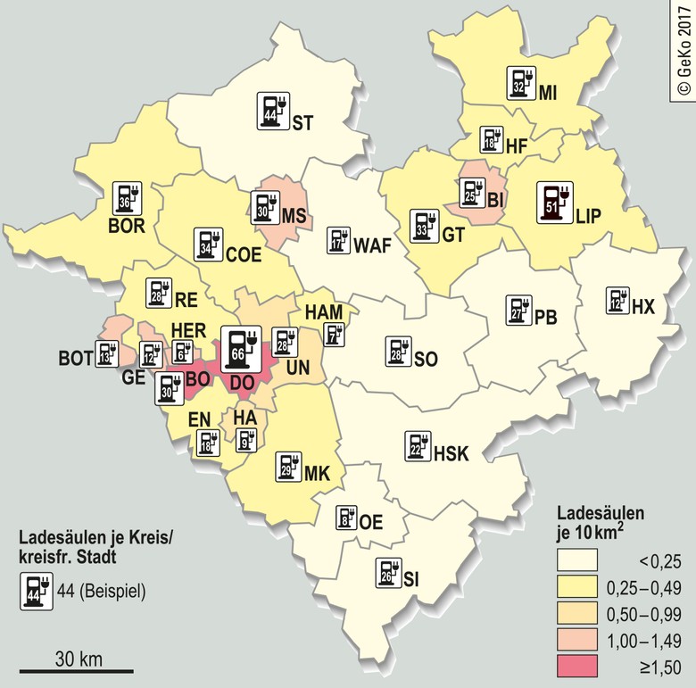 Verteilung der öffentlichen Ladesäulen in Westfalen