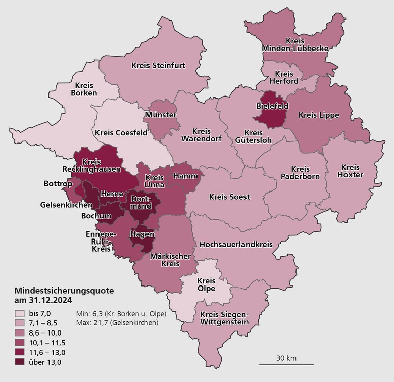 Karte mit den Mindestsicherungsquoten in den Kreisen und kreisfreien Städten Westfalens am 31.12.2024