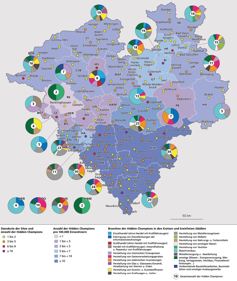 Karte der Hidden Champions in Westfalen mit Anzahl, Standorten und Branchen