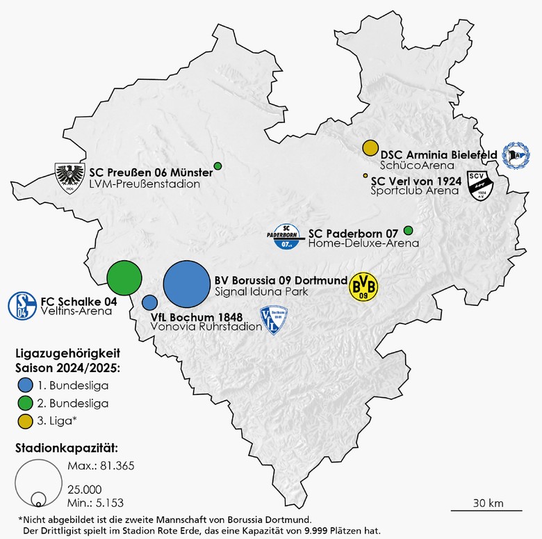 Karte mit den Fußballmannschaften Westfalens in den oberen drei Ligen in der Saison 2024/2025