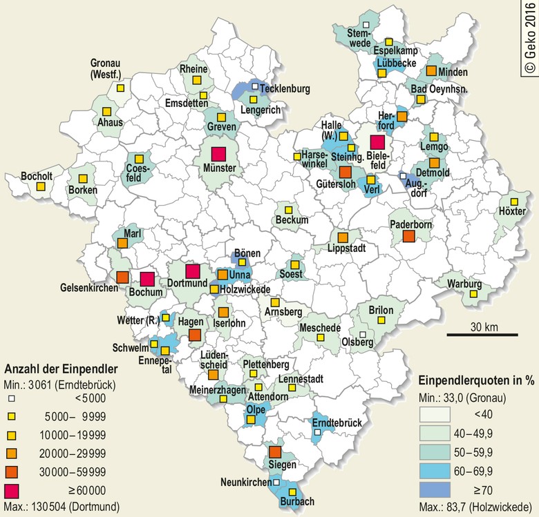 Städte und Gemeinden mit Einpendlerüberschuss – Anzahl der Einpendler und Einpendlerquoten in Prozent