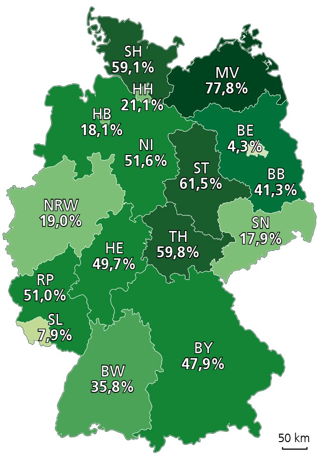 Karte mit dem Anteil der erneuerbaren Energien an der Bruttostromerzeugung in den Bundesländern im Jahr 2022