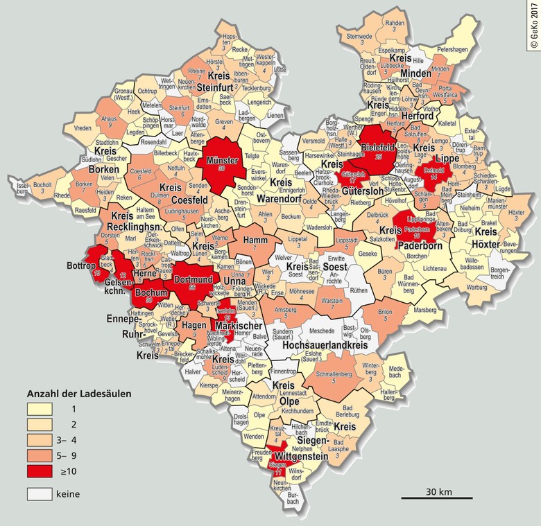 Verteilung der öffentlich zugänglichen Ladestationen in den Kommunen Westfalens