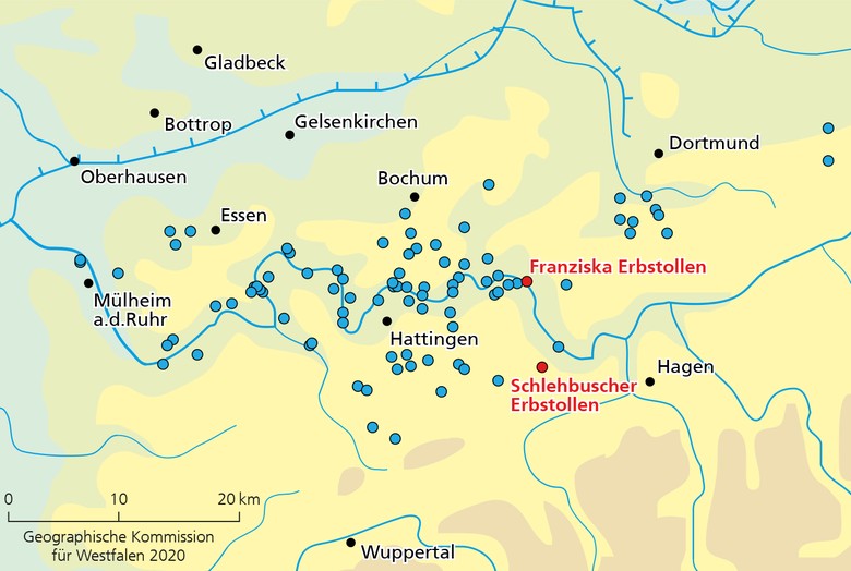 Karte des südlichen Ruhrgebietes mit über 100 bekannten wasser­führenden Stollen