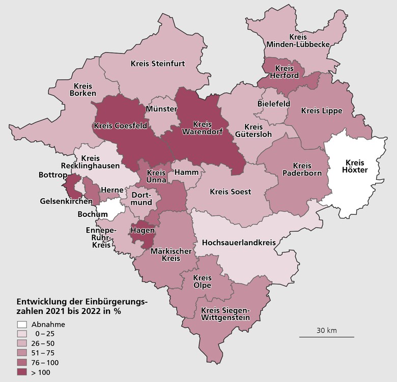 Karte über die Entwicklung der Einbürgerungszahlen 2021 bis 2022 in den Kreisen und kreisfreien Städten Westfalens