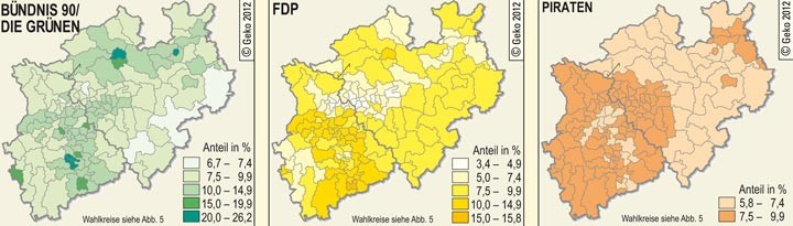 Zweitstimmenanteile von BÜNDNIS 90/DIE GRÜNEN, FDP und die PIRATEN