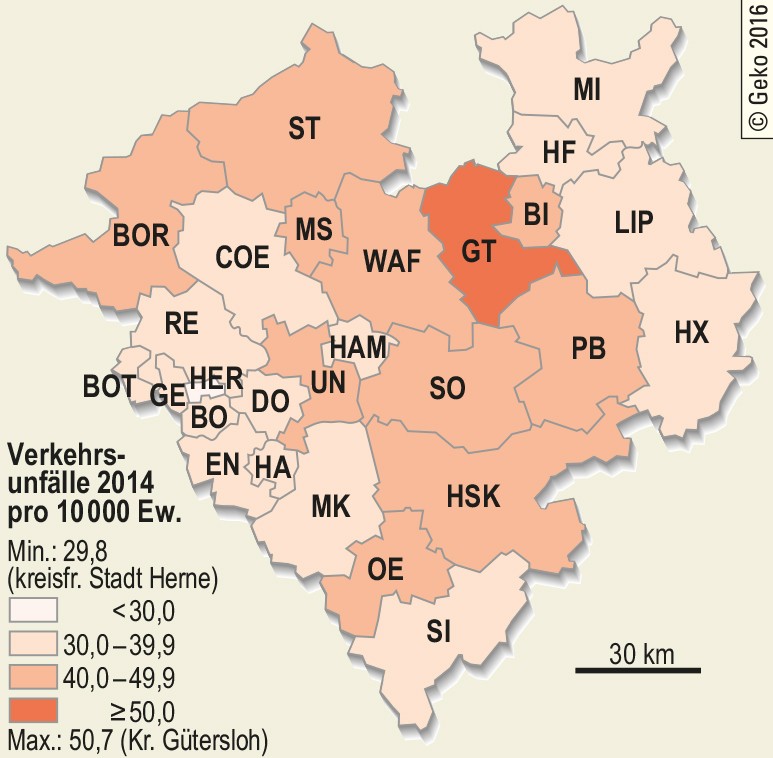 Verkehrsunfälle pro 10.000 Einwohner 2014 