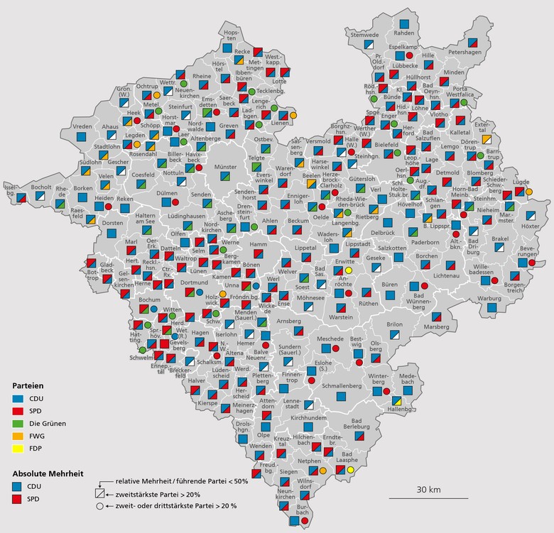 Karte mit Mehrheiten und Rangfolgen der Parteien in den Städten und Gemeinden Westfalens bei der Kommunalwahl 2020