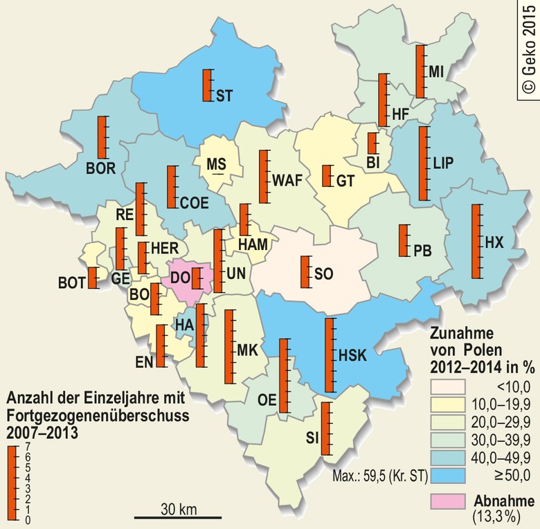 Anzahl der Einzeljahre mit Fortgezogenenüberschuss 2007 bis 2013 und Zunahme von Polen 2012 bis 2014