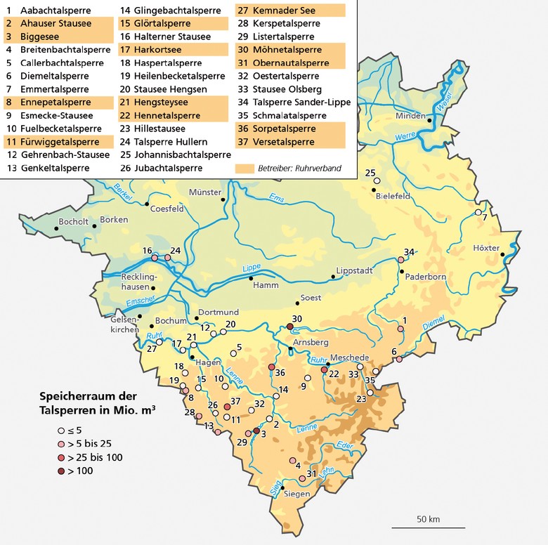 Karte mit bedeutenden Talsperren in Westfalen