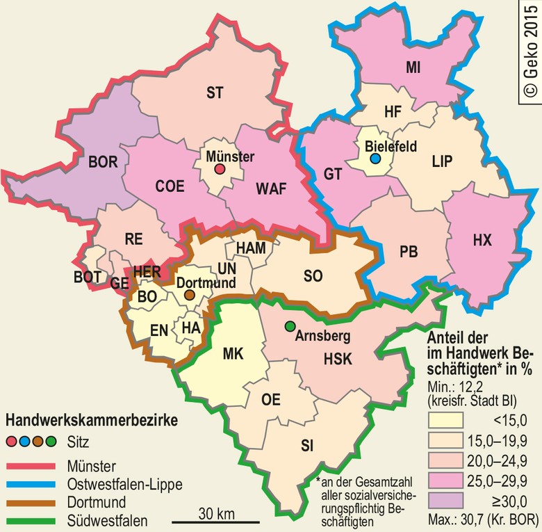 Handwerkskammerbezirke und Anteile der im Handwerk tätigen Personen an der Gesamtzahl der sozialversicherungspflichtig Beschäftigten 2012