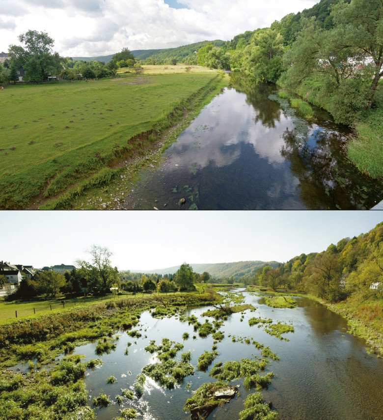 Die Ruhr oberhalb der Jägerbrücke in Alt-Arnsberg vor und nach der Renaturierung