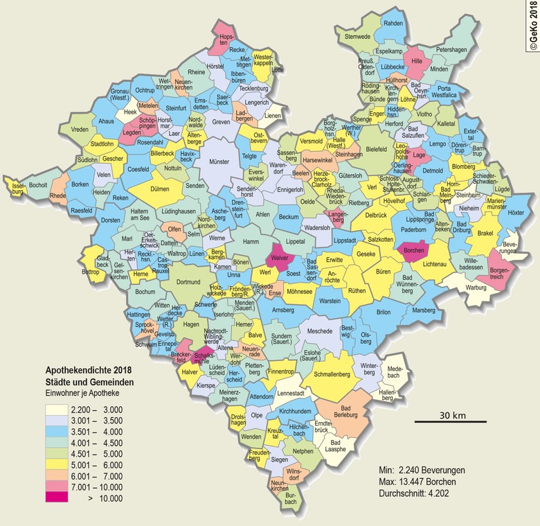 Apothekendichte in Westfalen 2018 (Städte und Gemeinden)