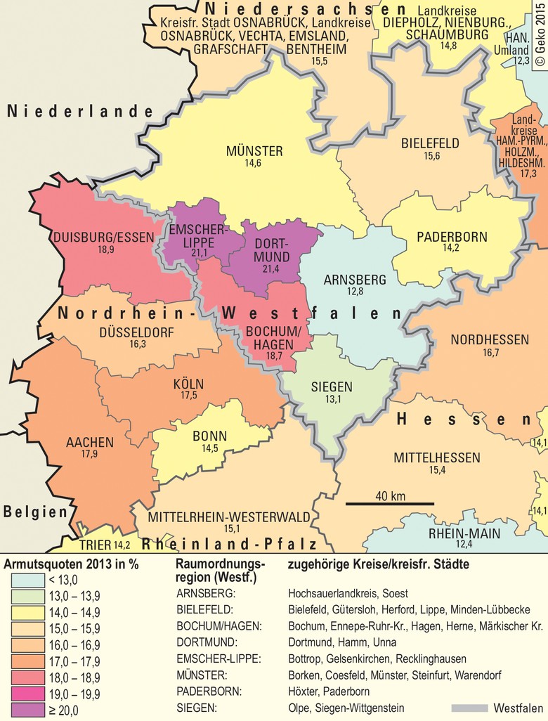 Armut in Nordrhein-Westfalen und angrenzenden Raumordnungsregionen