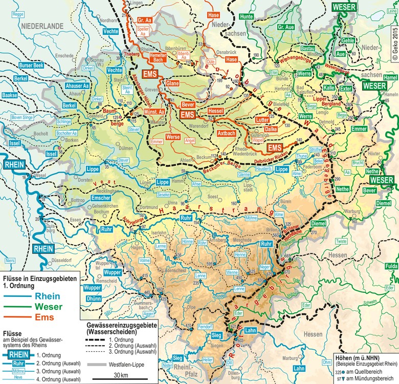 Fließgewässer und Gewässereinzugsgebiete in Westfalen