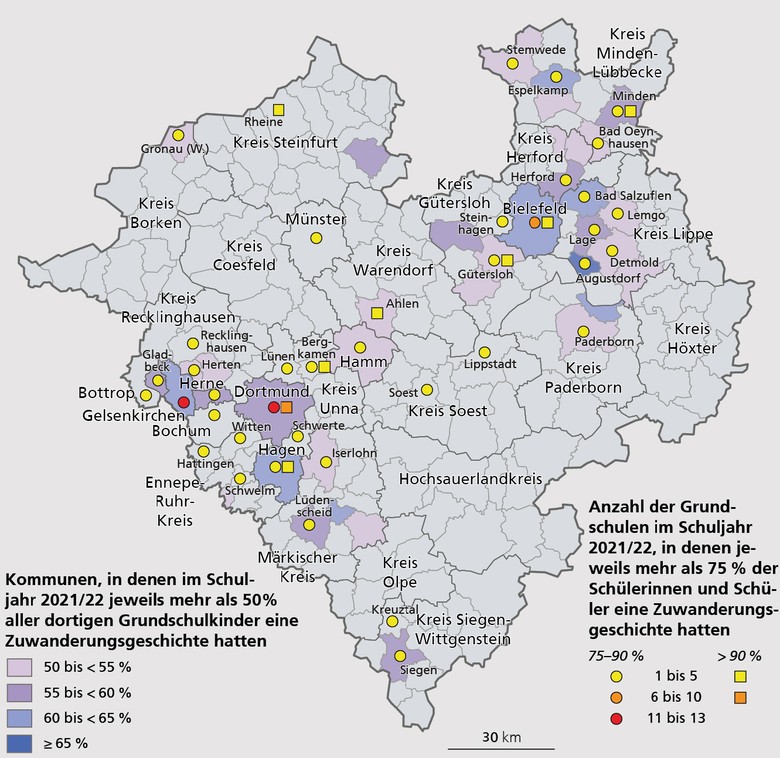 Westfalenkarte mit kommunalen Schwerpunkten mit besonders hohen Anteilen von Kindern mit Zuwanderungsgeschichte in den Grundschulen im Schuljahr 2021/22