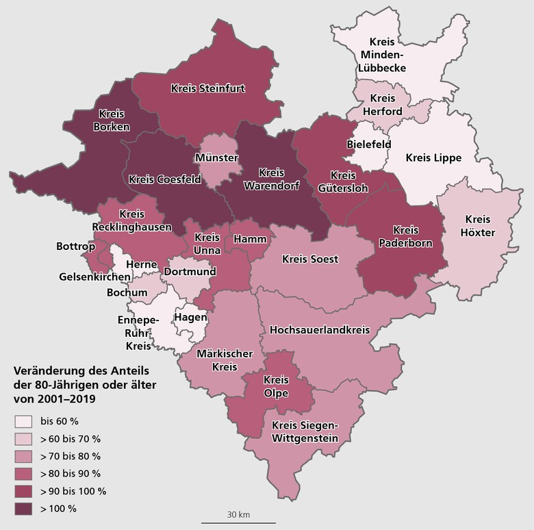 Westfalenkarte: Altersgruppe der Menschen von 80 Jahren oder älter: Veränderung der absoluten Zahlen von 2001 bis 2019