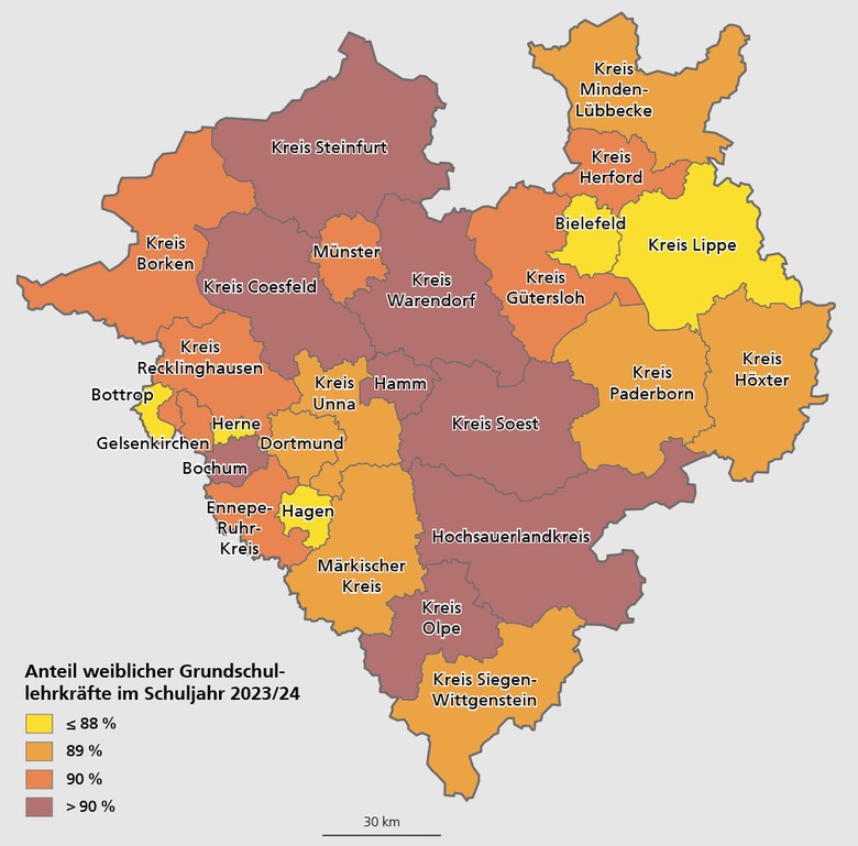 Karte mit dem Frauenanteil bei den Grundschullehrkräften in den Kreisen und kreisfreien Städten Westfalens im Schuljahr 2023/24