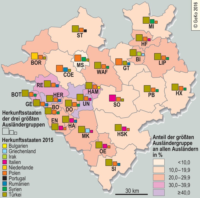 Herkunftsstaaten der Ausländer und Anteil der größten Ausländergruppe an allen Ausländern 2015