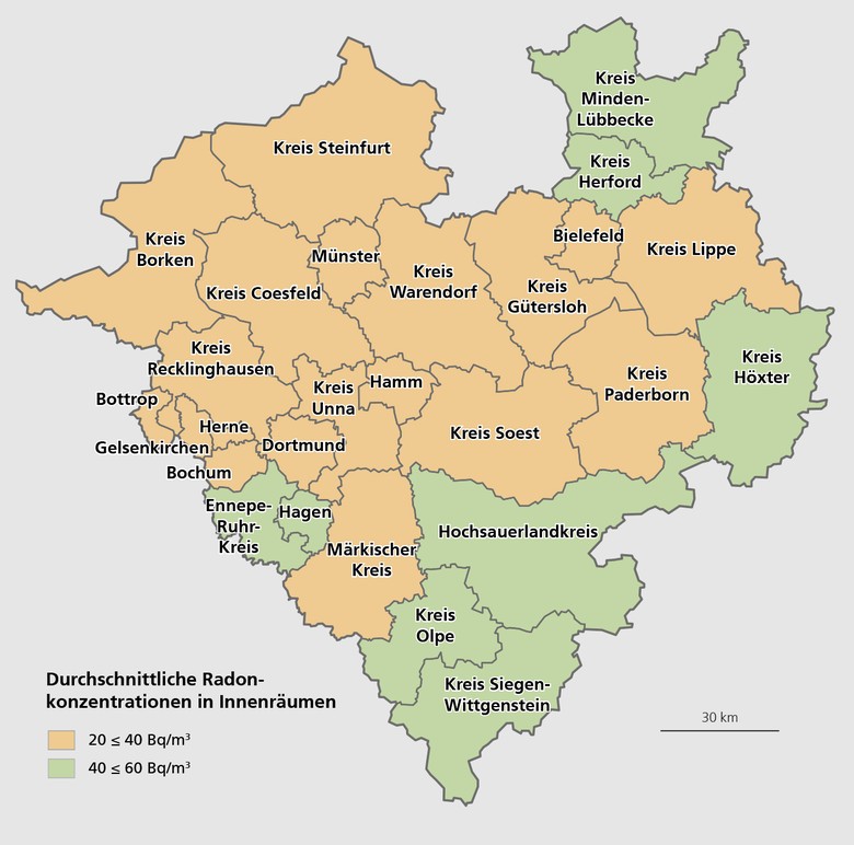 Karte mit den durchschnittlichen Radonkonzentrationen in Innenräumen auf Ebene der Kreise und kreisfreien Städte Westfalens