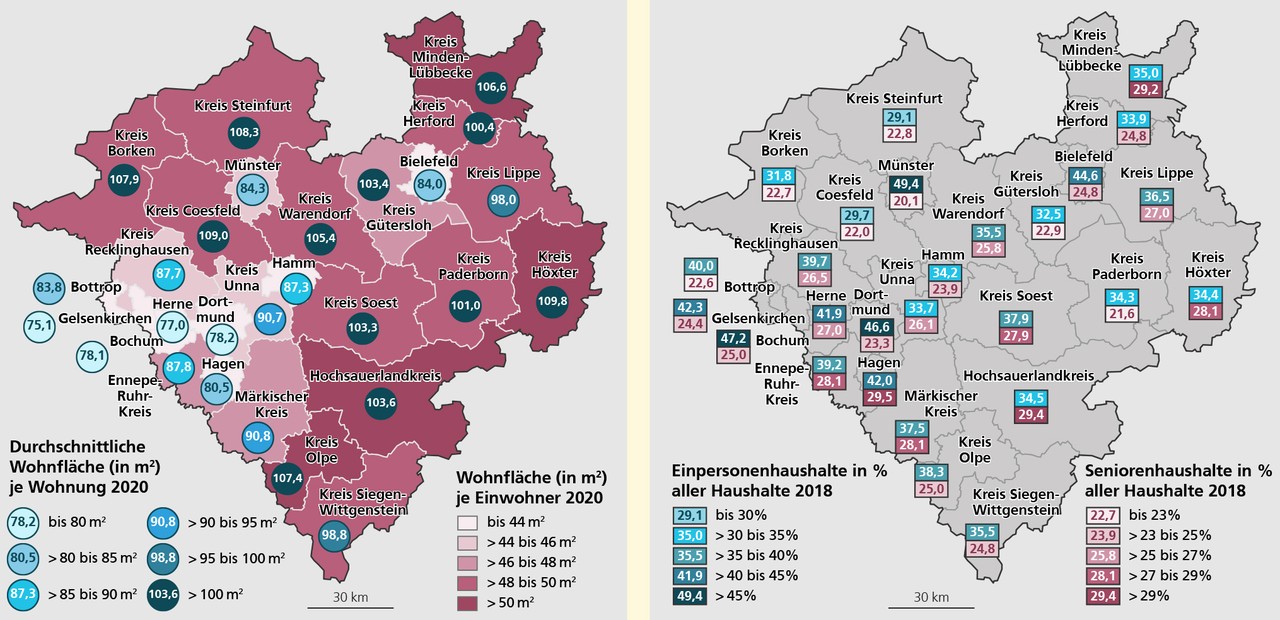 Karten mit Durchschnittlicher Wohnfläche je Wohnung und Wohnfläche je Einwohner 2020 sowie Anteilen von Einpersonenhaushalten und von Seniorenhaushalten an allen Haushalten 2018