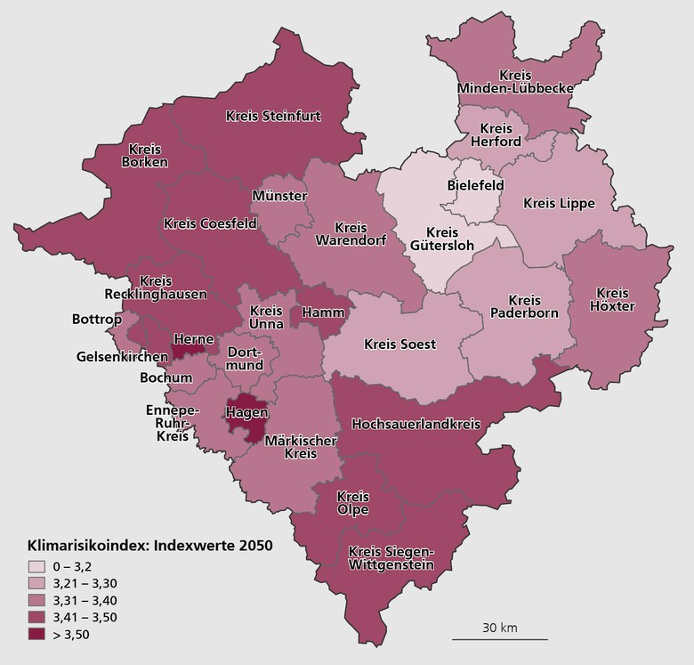 Karte mit den prognostizierten Gesamt-Indexwerten der Kreise und kreisfreien Städte Westfalens für das Jahr 2050