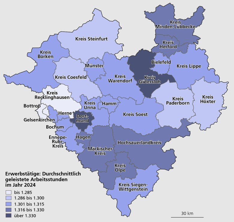 Karte mit den durchschnittlich geleisteten Arbeitsstunden der Erwerbstätigen im Jahr 2024 in den Kreisen und kreisfreien Städten Westfalens