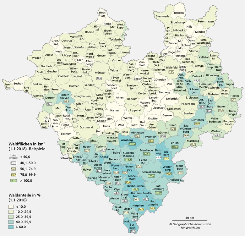 Waldflächen und Waldanteile in den Städten und Gemeinden Westfalens 2018