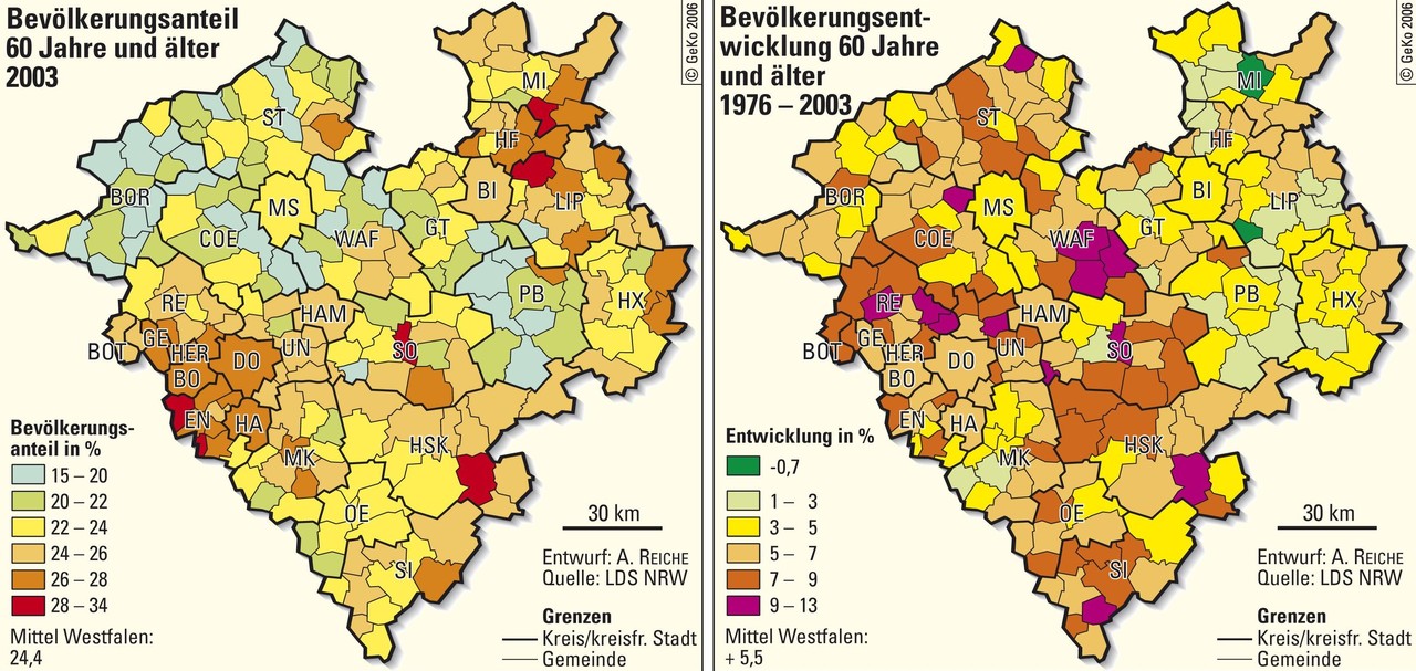 Bevölkerungsanteil 60 Jahre und älter 2003 und Bevölkerungsentwicklung 60 Jahre und älter 1976 bis 2003