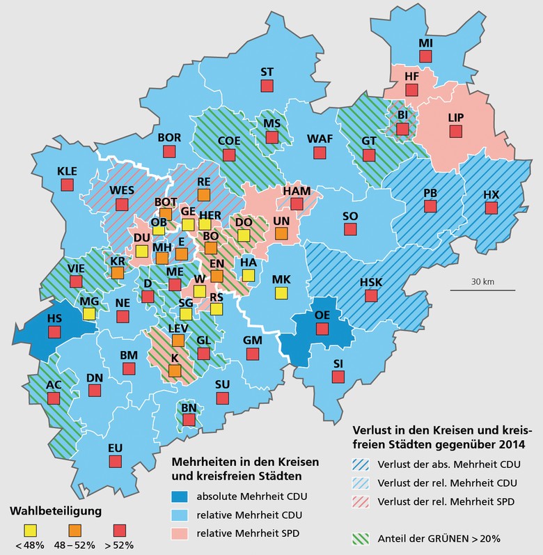 Karte über die Kommunalwahl 2020 in NRW mit den Mehrheiten und Wahlbeteiligungen in den Kreisen und kreisfreien Städten