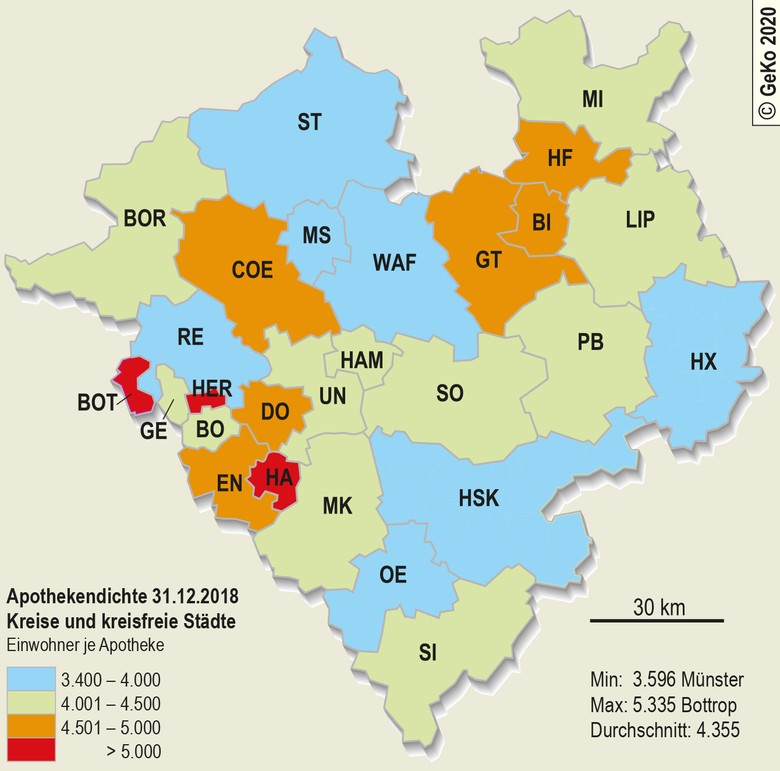 Apothekendichte in Westfalen Ende 2018 (Kreise und kreisfreie Städte)