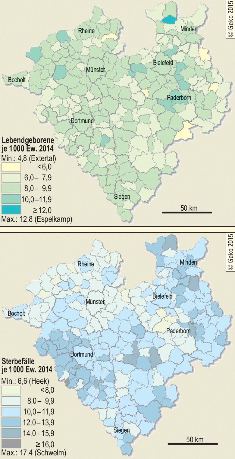 Lebendgeborene und Sterbefälle je 1.000 Einwohner im Jahr 2014
