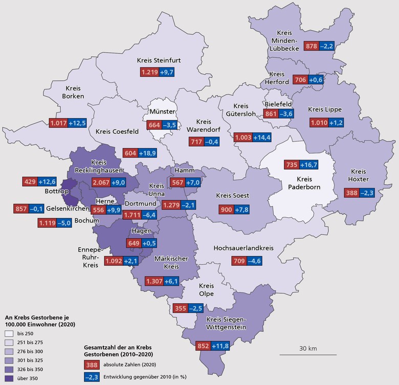 Karte der an Krebs Gestorbenen in den Kreisen und kreisfreien Städten Westfalens im Jahr 2020