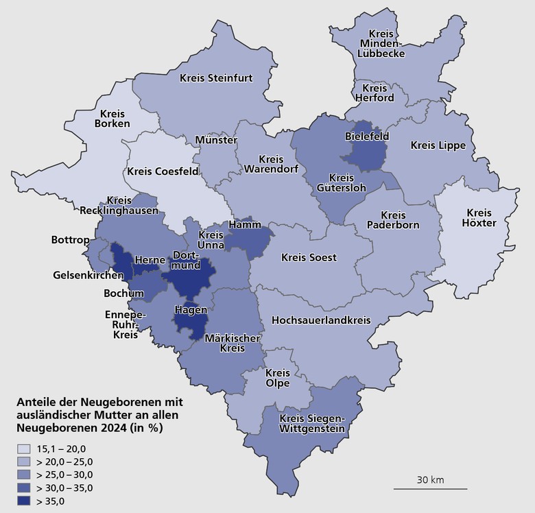 Karte mit den Anteilen der Neugeborenen mit ausländischer Mutter an allen Neugeborenen im Jahr 2024 in den Kreisen und kreisfreien Städten Westfalens