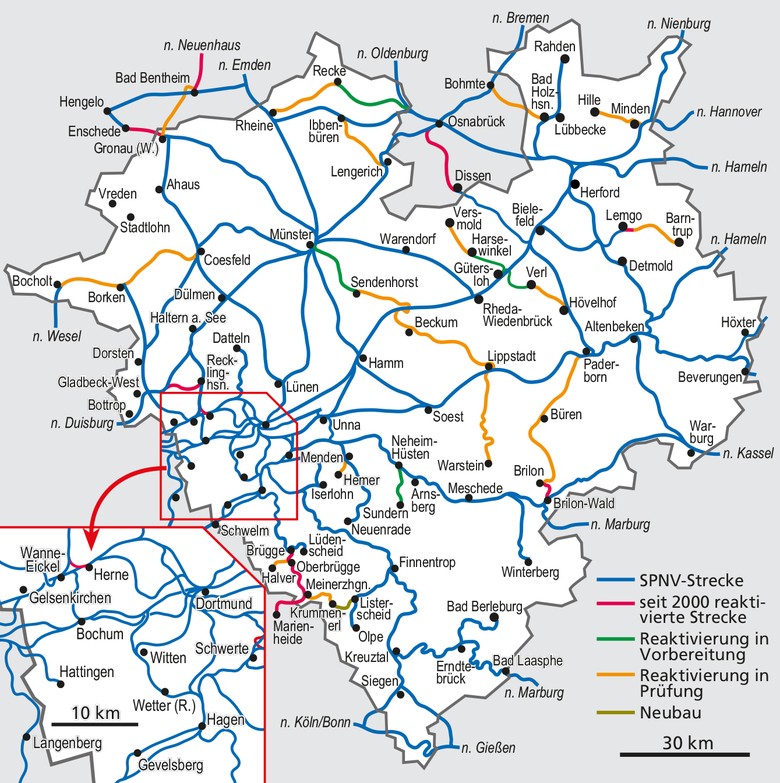 Karte mit dem Schienenpersonennahverkehrsnetz in Westfalen sowie bereits umgesetzte bzw. angestrebte Streckenreaktivierungen