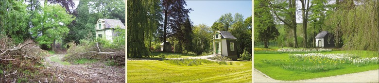 Blick auf die Gartenhäuschen während der Umgestaltung und nach der Fertigstellung