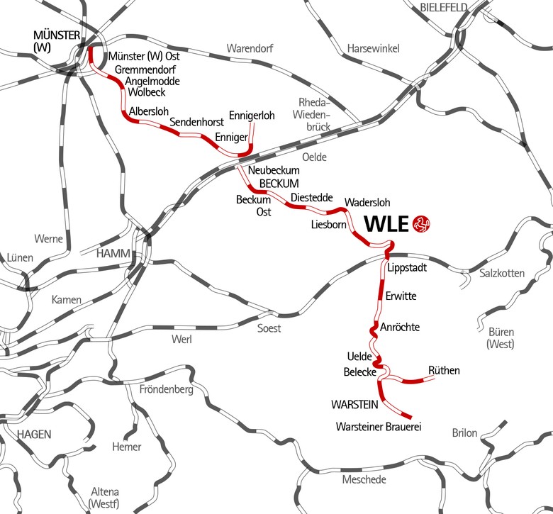 Karte mit dem Streckennetz der Westfälischen Landeseisenbahn im Jahr 2025