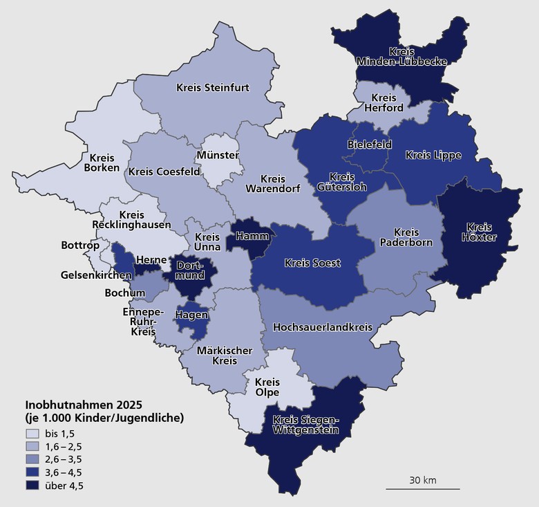 Karte mit den Inobhutnahmen von Kindern und Jugendlichen im Jahr 2025 in den Kreisen und kreisfreien Städten Westfalens, ohne Zählung der unbegleitet minderjährigen Einreisenden aus dem Ausland