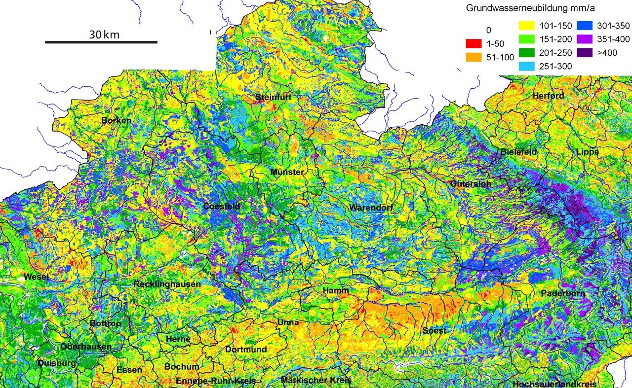 Grundwasserneubildung in den Kreisen des nördlichen Westfalens